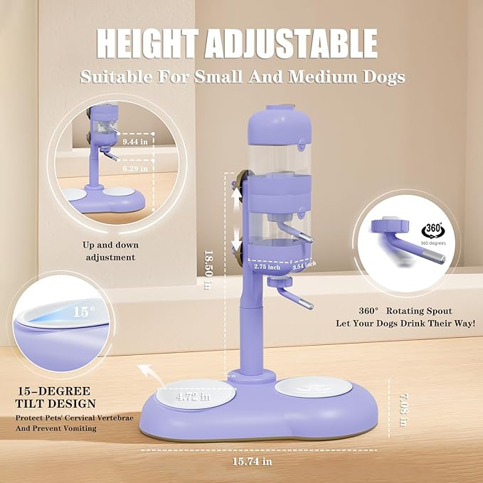 Dog Bowls with Puppy Weaning Bottles,3 in 1 Dog Bowl Set with Water Dispenser and 2 Food Grade Ceramic Bowls for Cats,Bunnies,Ferrets and Small Sized Dogs（Purple）