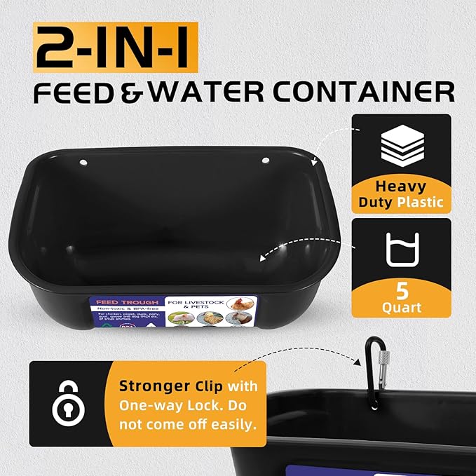 Goovilla Chicken Feeder Waterer, Hanging or Screw-in Fence Feeders with Clips, 2 Pack 5 Quart Goat Feeding Supplies, Duck Piglet Sheeple Coop Dog Livestock Poultry Plastic Feeder Trough Bucket, Black