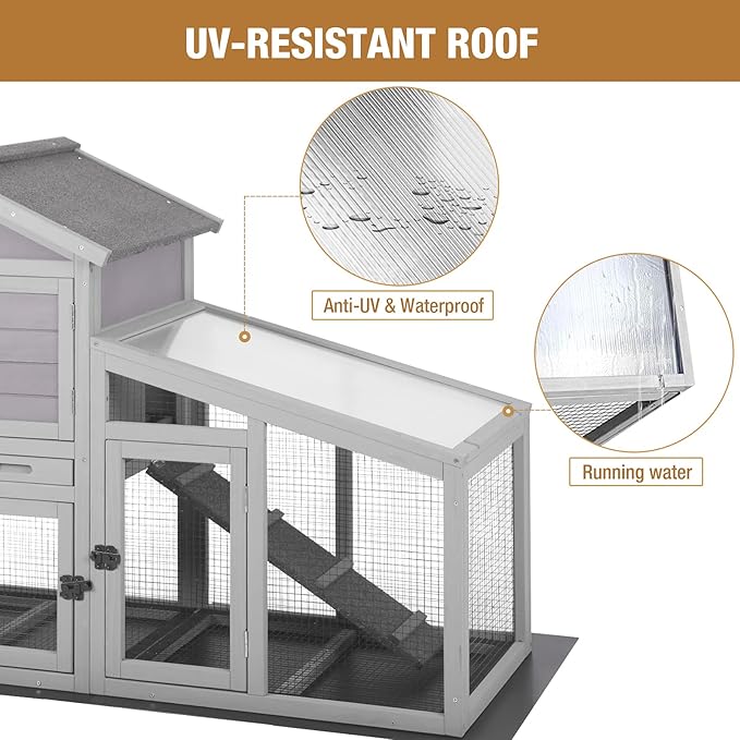 GUTINNEEN Rabbit Hutch for Outdoor Indoor Use, Bunny Cage with PVC Layer and Bottom Wire Netting, Wooden Chicken Coop Rabbit House with UV Roof, Leakproof Tray, Run