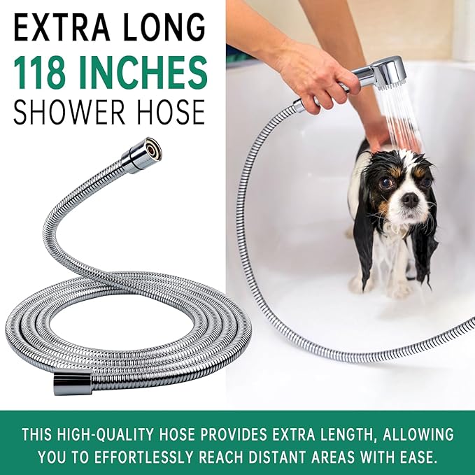 3 Mode Dog Shower Attachment, High Pressure Handheld Sprayer with ON/OFF Switch, G1/2" Metal Shower Diverter, 118 Inches Stainless Steel Hose, No Drill Hook, for Indoor and Outdoor Pet Bat