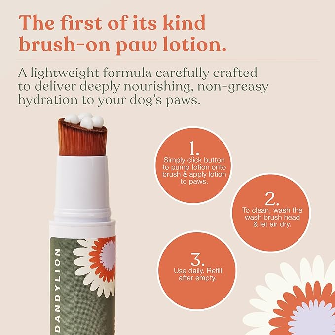 Dandylion Soft Paws | Paw Lotion with Brush | Dog Paw Balm Hydrating Alternative | Vet-Approved, Lick-Safe & Fragrance-Free | pH-Balanced for Itchy, Dry, Cracked Paws, Small & Large Dogs 0.6 fl oz
