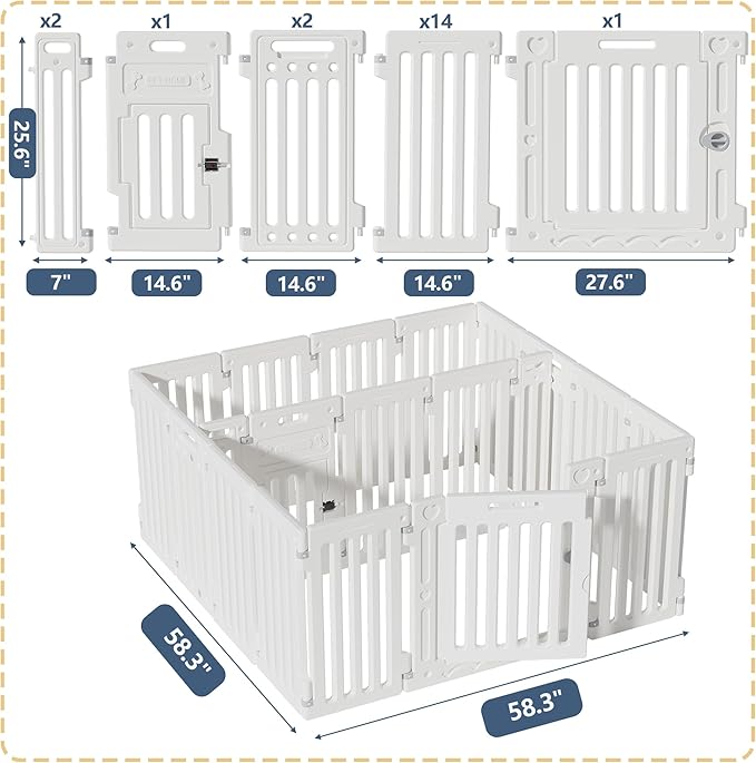 2 Room Dog Playpen with Door,DIY Shape Combination Puppy Pen,16-Panel+2 Link Piece+Large Door+Small Door,25.5" H Dog Fence,Non-Slip&Secure Pet Gate,Easy to Assemble