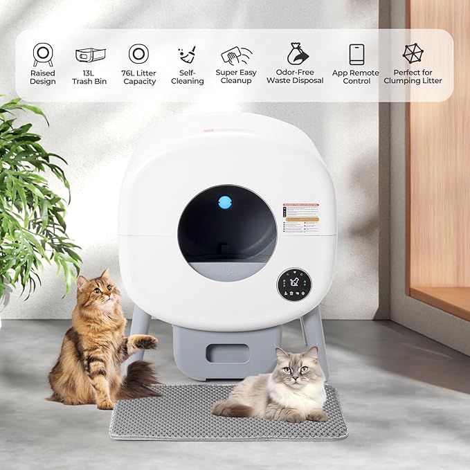 Automatic Cat Litter Box Self Cleaning for Multiple Cats – XL Smart Litter Box with App Control, Odor-Free Waste Disposal, Quiet Operation, Safety Sensors, Compatible with Clumping Litter