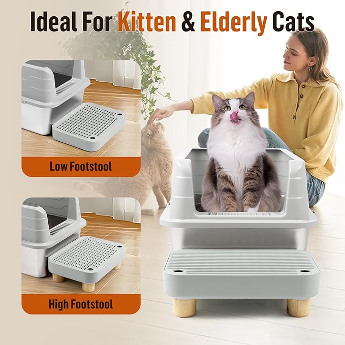 Cat Litter Box Step Ramp, Cat Litter Catcher Mat with Wooden Feet, Filter Function, Cat Pedal Stool for Self-Cleaning Cat Litter Box, Ideal for Kitten & Elderly Cats (Light Grey)