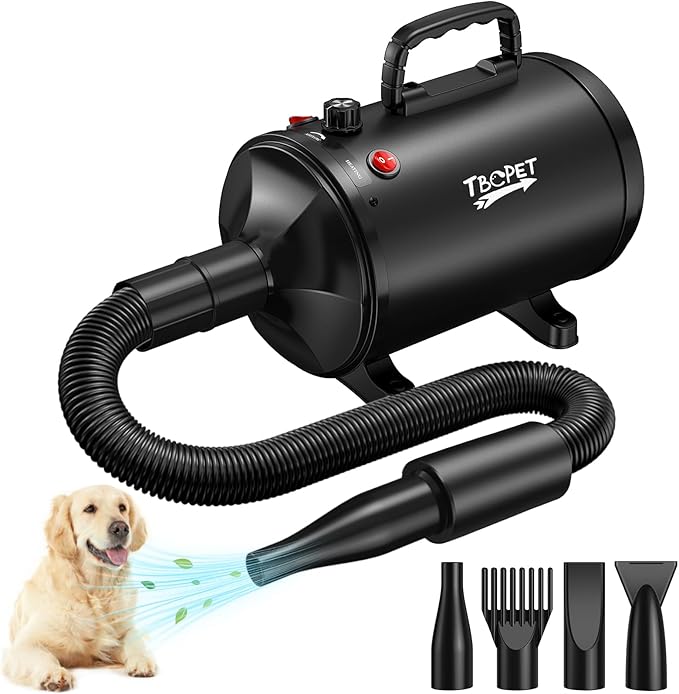 Dog Dryer High Velocity Dog Hair Dryer with 4 Nozzles 5.2HP/3800W (Professional Super Cyclone), Stepless Adjustable Speed Temperature Dogs Grooming Blow Dryer with Heater for Pets Hair Dryer, Black