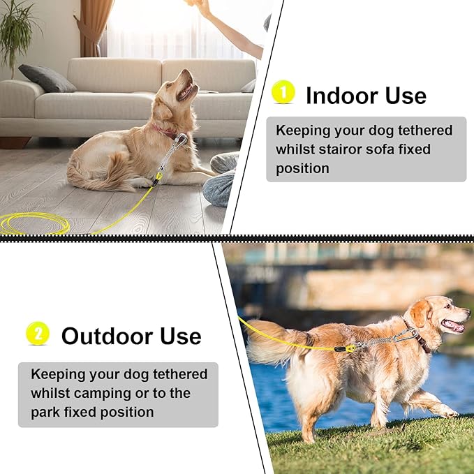 Jenico Dog Tie Out Cable - 10/15/20/30/40/50/70/100/150FT Runner Cable with Swivel Hook and Shock Spring, Outdoor and Camping Dog Leash Run Tether for Small to Medium Pets Up to 500 LBS
