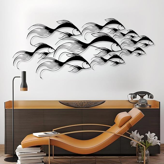 School of Fish Metal Wall Art, Metal Fish Wall Decor, Sea Life Wall Art, Large Nautical Wall Hanging, Modern Beach House Wall Decor, Ocean Themed Artwork for Bathroom (Silver, 35"x15" | 90x38cm)