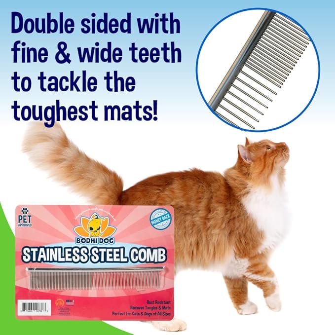 Bodhi Dog Stainless Steel Comb & Shampoo Brush - Bath & Shower Supplies for Dogs & Cats - Removes Shedding, Mats & Tangles - Pet Grooming Scrubber Bundle (Blue)