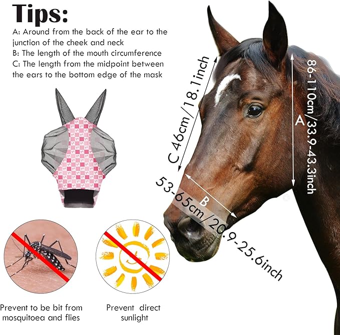 Chunful 6 Pcs Horse Fly Masks with Ears Smooth and Comfortable Cashel Mesh Fly Mask Elasticity Breathability UV Protection Horse Face Covering for Riding Supplies(Pink Bow,Large)
