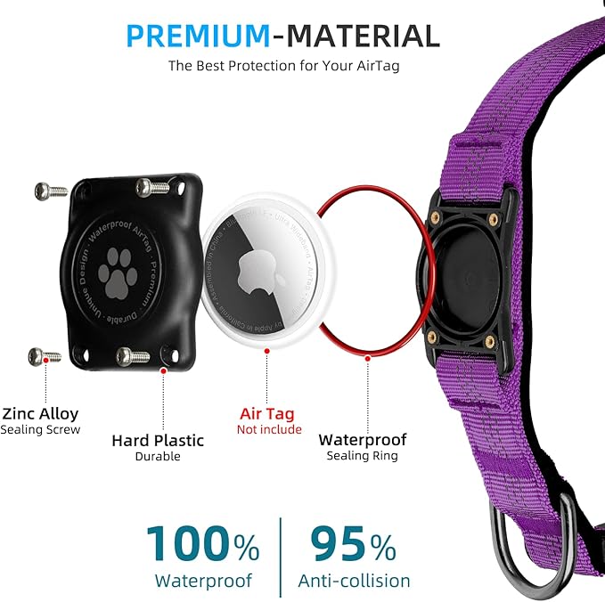 Reflective Air Tag Dog Collar - 100% Waterproof Dog Collar AirTag Holder | Extra-Durable, Soft Padded AirTag Dog Collars for Small Medium Large Dogs
