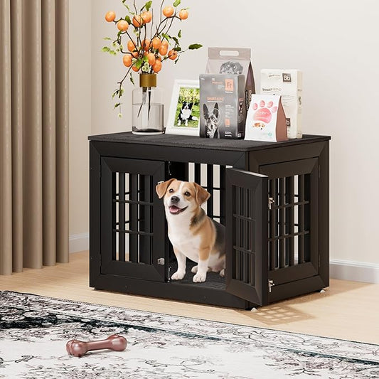 32" Heavy Duty Dog Crate Furniture for Small,Medium and Large Dogs,Rustic Wooden Dog Cage Kennel Indoor Furniture with Waterproof Top,Decorative Pet House Side End Table (Black & Grey)