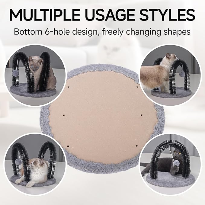 Cat Arch Self Groomer Massager, Kitty Grooming Brush with 2 Brushes and Heavy Plush Base, Cat Face and Back Scratchers, Scratching Post for Indoor and Outdoor Cats with 2 Plush Balls