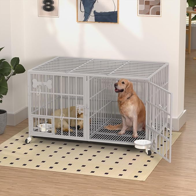 aboxoo 48/42 inch Heavy Duty Metal Dog Crate for 2 Dogs/Large Dog,All Metal Open Top,Dog Kennel Indoor with Wheels,Floor Grid, Tray, Divider and Feeding Bowl (Sliver)