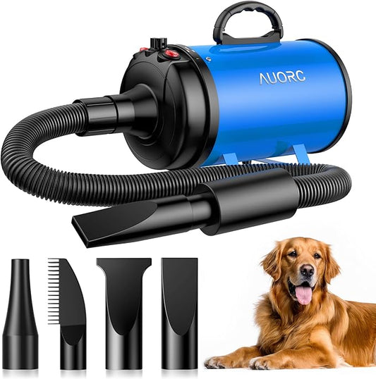 Dog Dryer, 5.2HP/3800W High Velocity Dog Hair Dryer with 4 Nozzles, Stepless Adjustable Speed & Temperature Control, Low Noise Professional Dog Grooming Dryer (Blue)