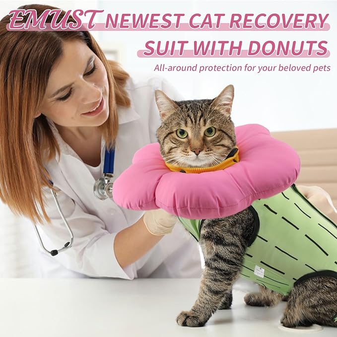 EMUST Cat Recovery Suit and Cone Collar - Cute Surgical Suit for Abdominal Wounds or Skin Diseases, Adjustable Flower Neck Collar Soft for Cats 4-8lb (Green, M)