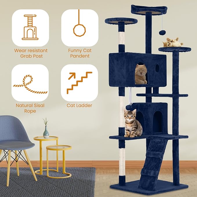 54.7 inches Cat Tower - Multi-Level Cat Condo with Scratching Posts, Hanging Toys, Navy Blue