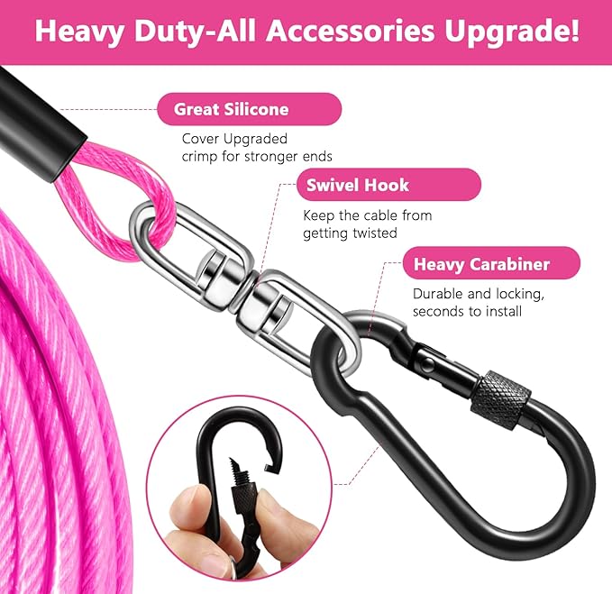 Dog Tie Out Cable 30FT-500Lbs,Heavy Duty Dog Leads Line for Yard with Swivel Hook,Medium Large Dogs Leash&Chains for Outside,Rust Chew Proof Dogs Run Cable for Outdoor Camping (Pink, 30FT)