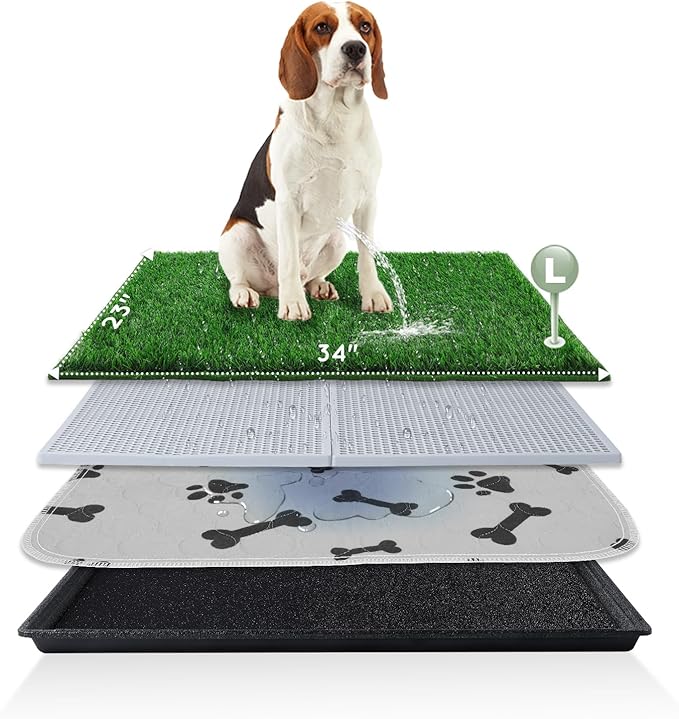 Dog Grass Pad with Tray Large 34’’×23’’, Ultra-Absorbent Artificial Grass Pad for Dogs Potty Grass Hemmed Edge for Indoor Potty Training, Reusable Dogs Pee Pads, Dog Litter Box for Balcony