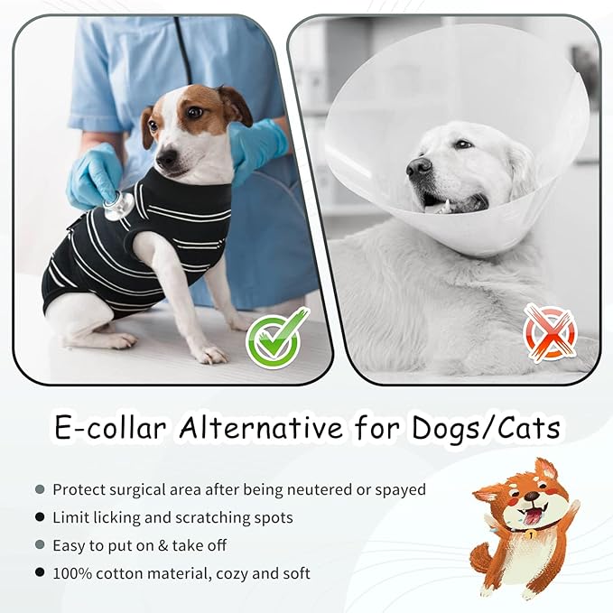 Kuoser Dog Surgery Recovery Suit for Female Male Dogs, Stripes Spay Neuter Anti-Licking Dog Onesie, Surgical Suit Snugly Pet Post Surgery Vest Bodysuit for Abdominal Wounds Skin Disease, Black 2XL