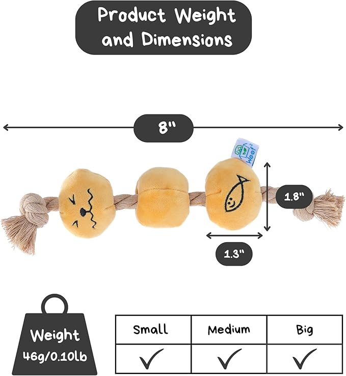 Curry Fishball Soft Plush Squeaky Dog Pull Toy - Durable, Iconic, Cute & Fun Rope Toy for Interactive Bonding Time, Sliding Mechanism, Hide Food for Puzzle Play, Small Medium Dogs