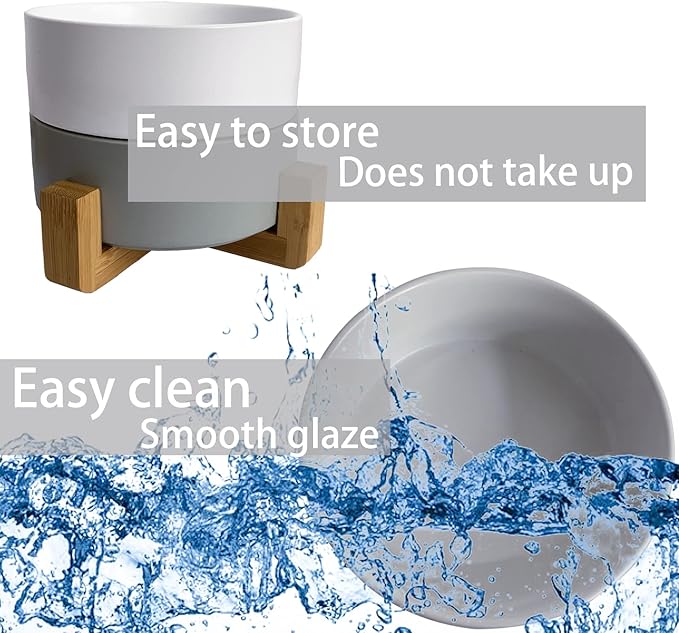 Ceramic Dog Cat Bowl with Wood Stand,Cat Food & Water Bowls Elevated Non-Spill Modern Cute Kitty Dishes Heavy Weighted Round Pet Dishes Set for Small Kitten Grown Cat(Grey)