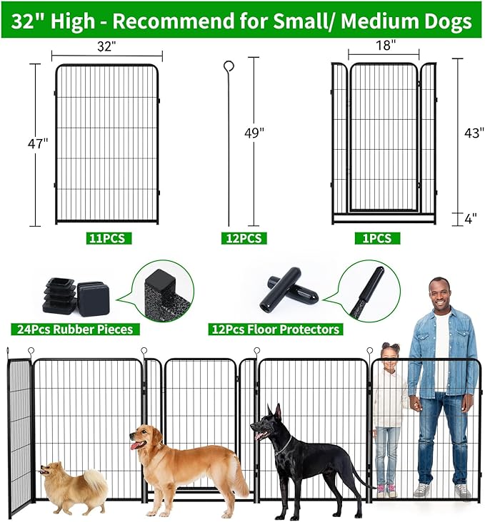 Dog Playpen Outdoor Extra Wide 12 Panels Heavy Duty Dog Fence 47" Height Anti-Rust with Doors Portable for RV Camping Yard, Total 32FT, 79 Sq.ft, Snowy Black