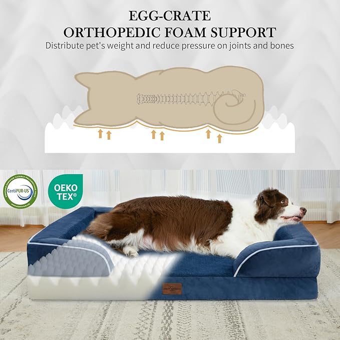 Comfort Expression Large Dog Beds Waterproof Orthopedic Foam Dog Sofa Beds Comfy Pet Bed with Washable Removable Cover & Non-Slip Bottom(Large,Navy Blue)