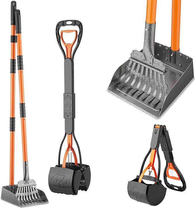 28" Pooper Scooper and 38" Heavy Duty Stainless Steel Rake & Tray Set, 3 in 1 Portable Dog Pooper Scooper Set for Large Medium Small Dogs in Grass, Dirt or Gravel