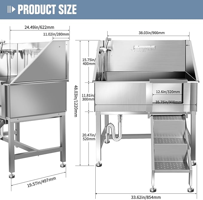38" Dog Washing Station, Professional Stainless Steel Dog Bathing Station, Equipped with Three Anti-Slip Steps, Removable Door, Upgraded Spray Nozzle&Hose - Ideal for Home, Pet Grooming Salon,R-RAMP