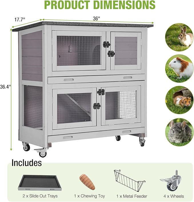 GUTINNEEN Rabbit Hutch Indoor with Chew-Proof Design, Wooden Bunny Cage Outdoor Guinea Pig Cages with Wheels, Leak-Proof Trays for Rabbits, Guinea Pigs, Small Animals