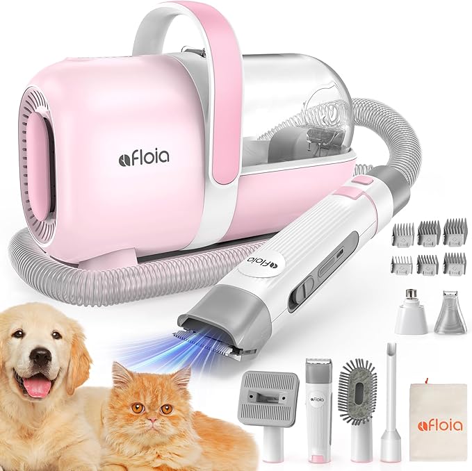 Afloia 6-in-1 Dog Grooming Kit, Pet Grooming Vacuum for Shedding, Dog Hair Vacuum with Clipper Nail Trimmer Grinder, Pet Brush Groomer at Home, Low Noise Cats Hair Remover, 1.5L Dust Cup, Pink