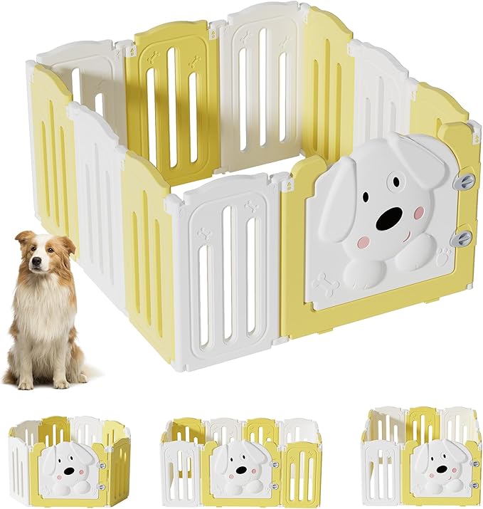 Foldable Dog Play Pen Indoors, Non-Slip Sturdy Puppy Playpen with Door, 25.5" H 10-Panel Adjustable Shape Dog Fence Pen for Small/Medium Dogs, Thickened, Easy to Store, White+Yellow