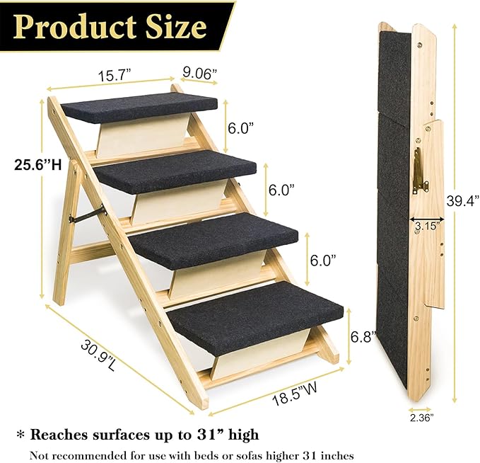 BRIKY 2-in-1 Dog Stairs/Ramp with 4 Steps, Foldable Dog Stairs for High Beds Cars Couch, Durable Wooden Pet Stairs for Small Medium Large Dogs, No Assembly Required