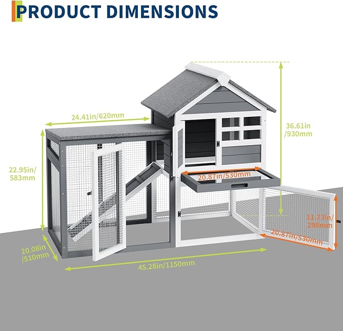 2-Tier Rabbit & Chicken House,Wooden Chicken Coop & Bunny Cage with Non-Slip Ramp, 4 Doors,Waterproof Roof & Pull-Out Tray,Outdoor/Indoor Pet Cage