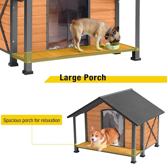 Aivituvin Dog House with Insulated Liner Outdoor All-Around Iron Frame Dog Kennel Outside with Overhang Roof Large Porch Weatherproof