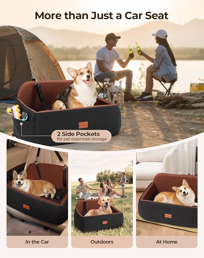 Dog Car Seat for Large Medium Dogs, Pet Car Seat Under 55 lbs or 2 Puppies, Removable Washable Pets Travel Booster Bed for Automotive Backseat with Comfy Thick Cushion, 2 Safety Leashes(Black/Brown)