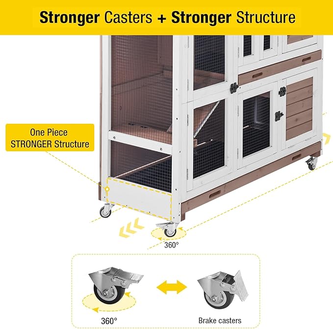 Aivituvin Rabbit Hutch Bunny Cage with Wheels Indoor Outdoor 47" Two Story Guinea Pig Cage with 2 Deep No Leak Tray
