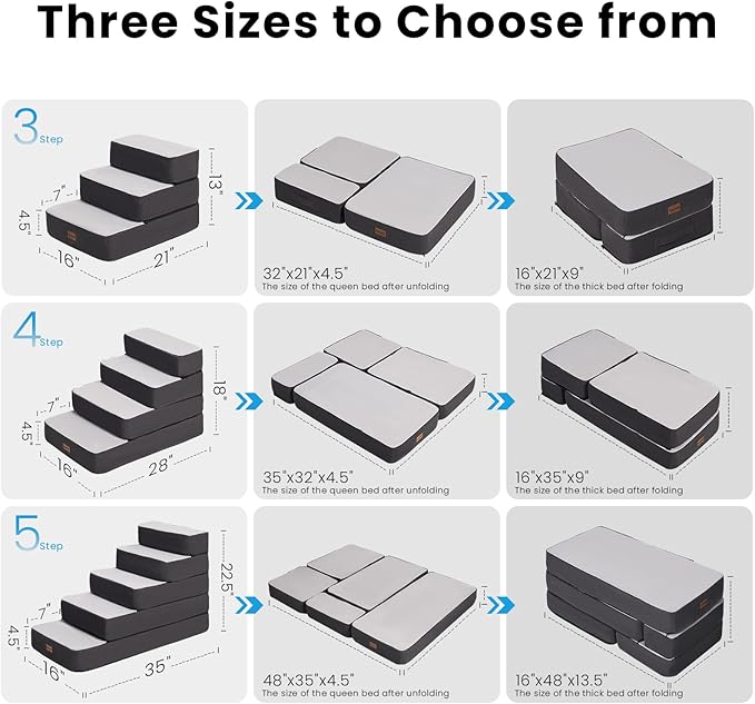 3-Step Adjustable Dog Stairs for Sofa and Couch, Dog Steps for Small Dogs and Cats, Foldable Pet Stairs for Low Bed Climbing, Non-Slip Pet Step Indoor, Grey
