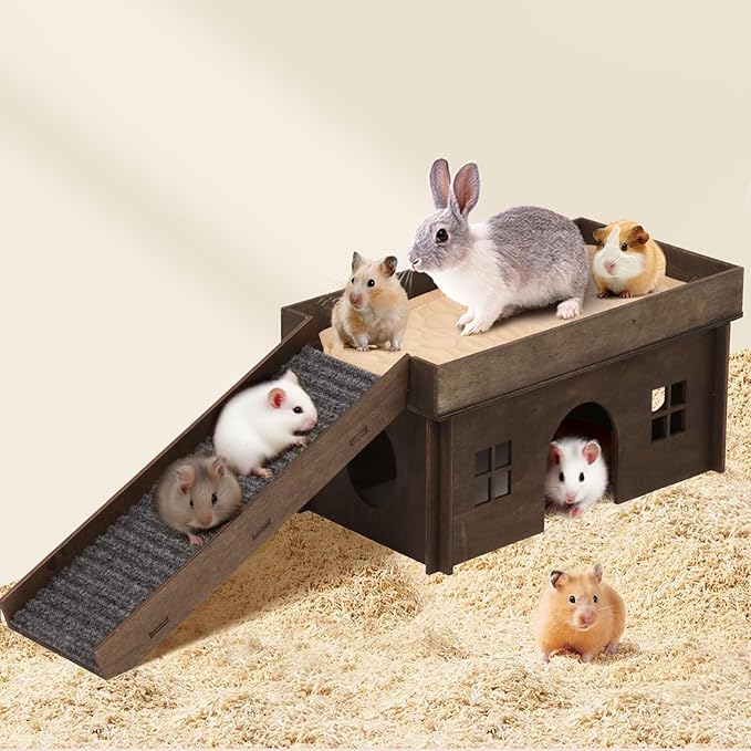 Guinea Pig Hideout, Upgraded Guinea Pig Castle House, Wooden Rabbit Hideout, Guinea Pigs Hideouts and Houses, Large Bunny House, Small Animal Chinchilla House Habitats with Stairs