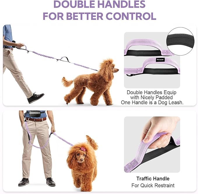 Hands Free Dog Leash with Pouch, Double Leash for Two Dogs, Retractable Bungee with Double Padded Handles, Dog Waist Leash for Dog Walking, Running Leash for Dogs, Dog Walking Accessories