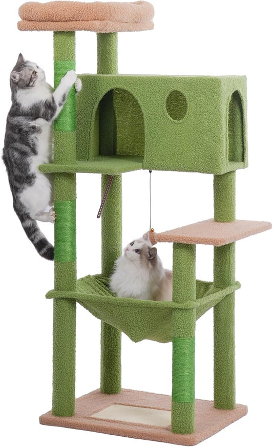 54” Cat Tree for Large Cats Big Cat Tower with Enlarged Hammock 21.6x17.7” Spacious Cats Condo House, Roomy Top Bed,Multiple Scratch Posts and Pad for Indoor Adult Cats (Green, Large-54)