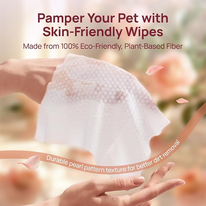 HICC PET Wipes for Dogs and Cats, Vet-Recommended Pets Cleaning Wipes, Deodorizing Hydrating, Nourishes Smoothes Fur, Fermented Coconut Oil Grooming Paws, Body and Butt, Thicken, Rose, 100 Count