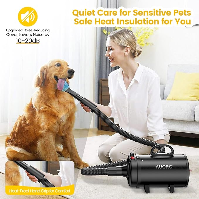 Dog Dryer, 5.2HP/3800W High Velocity Dog Hair Dryer with 4 Nozzles, Stepless Adjustable Speed & Temperature Control, Low Noise Professional Dog Grooming Dryer (Black)