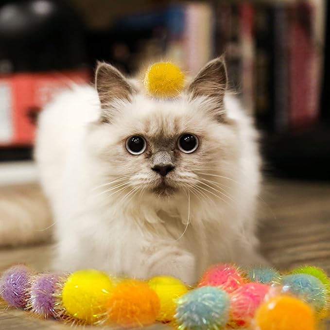 20 Pieces Mix Sizes Sparkle Pom Pom Balls for Cat - Interactive Glitter Balls, Multicolor, Best as Kitten Play Toys.