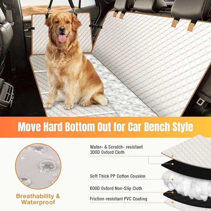 Dog Car Seat Cover for Back Seat, Dog Car Bed Cover with Strong Hard Bottom, Car Back Seat Extender Hammock for Car SUV Truck 4 Panels Beige Color