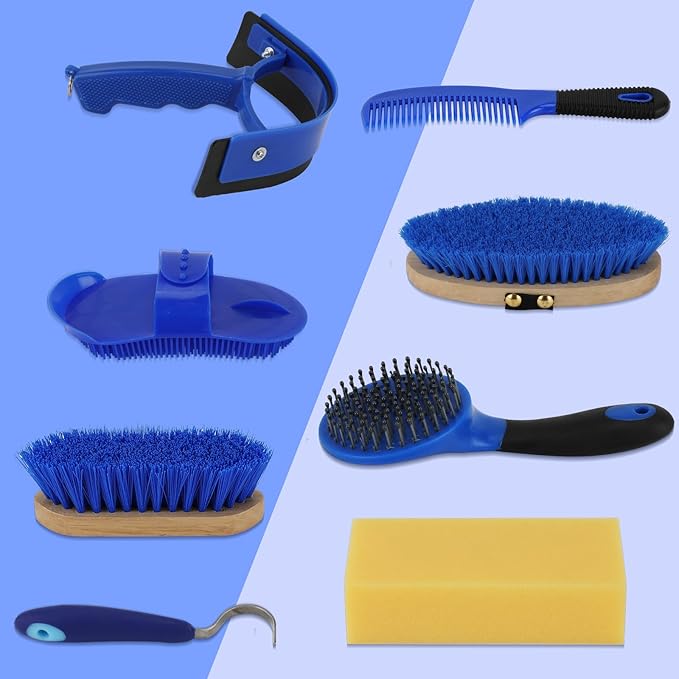 9 Pieces Grooming Kit with Tote Bag - Horse Brush Set, Sweat Scraper, Sponge, Hoof Pick, Curry Comb for Riders and Beginners (Blue)
