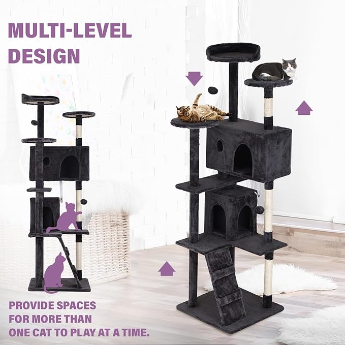 70 inches Cat Tower for Indoor Cats Multi-Level Cat Condos for XL Cat Tree Cat Climbing Tower with Scratching Posts, Hanging Toys,Dark Gray
