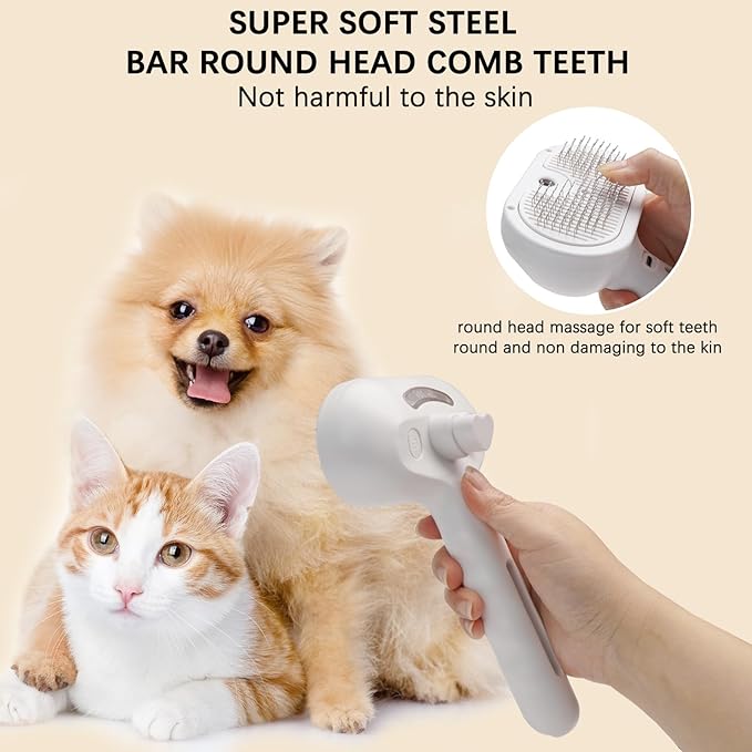 Cat Steam Brush for Shedding– 4-in-1 De-Shedding, Steam Spray, and Self-Cleaning Grooming Tool – Ideal for Long and Short-Haired Pets– Includes 2 Bottles of 120 mL Waterless Shampoo(White)