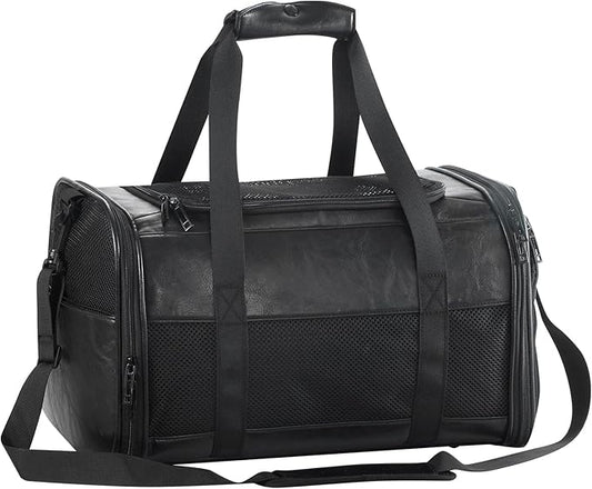 Fashion Leather Dog Carrier, Airline Approved Cat Carrier Soft Sided Pet Bag Carrier Purse for Puppy Kitten Small Animals Black