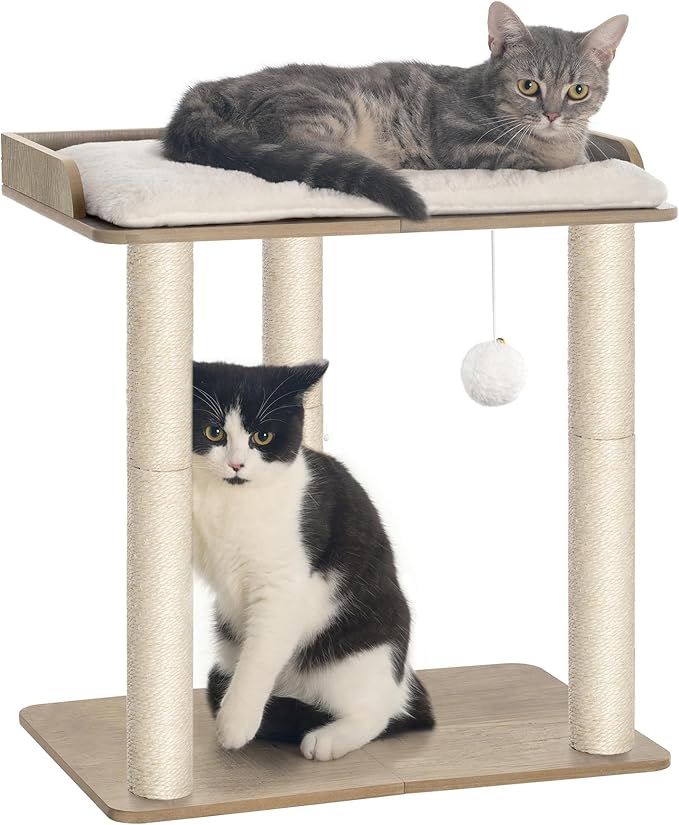 FourFurPets 22in Cat Tree Tower Condo, Cat Scratch Posts for Indoor Cats, Big Plate, Three 23.6in Full Sisal Scratching Posts, Greige